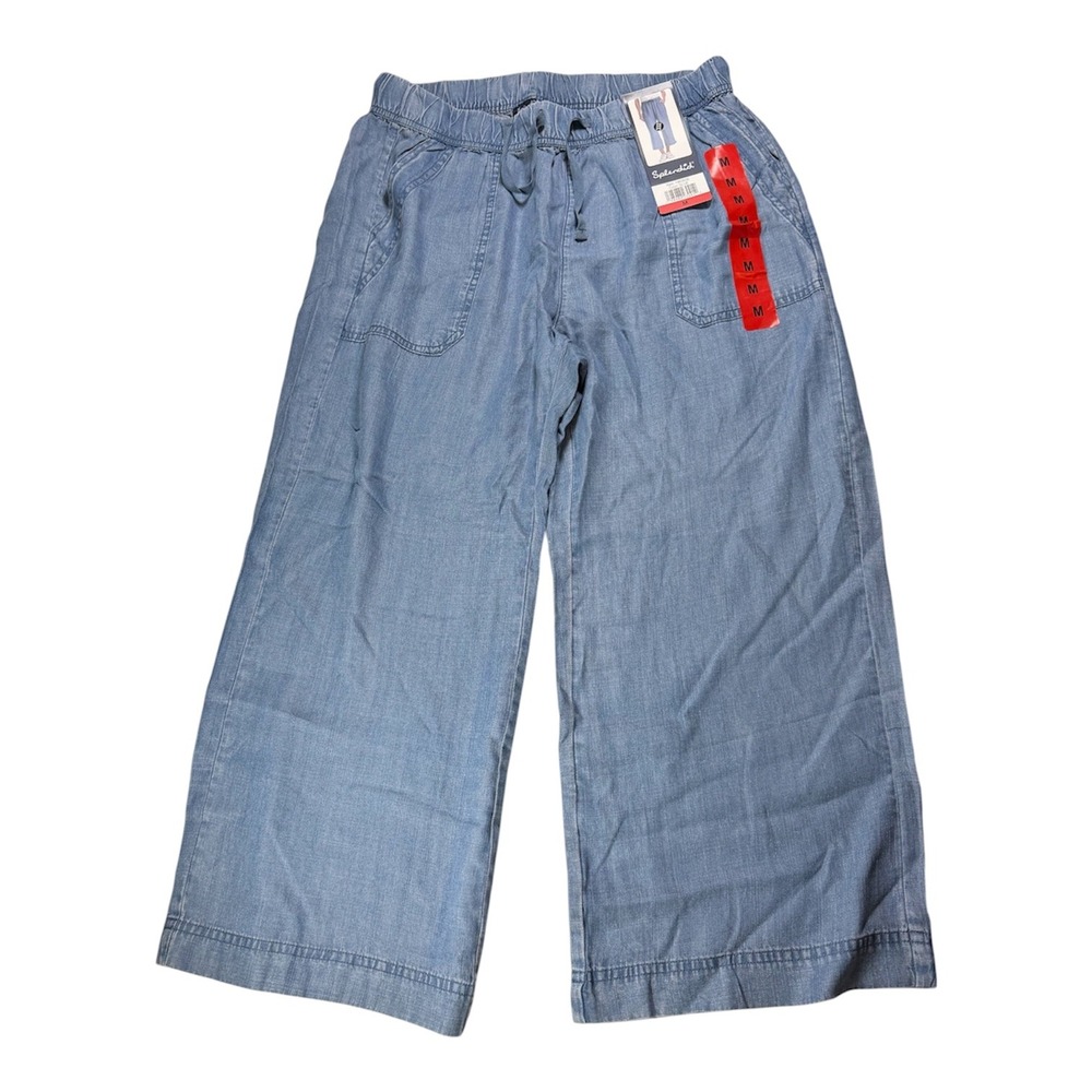 Splendid Women Blue Lyocell Wide Leg Crop Pants Elastic Waist Drawstring NEW